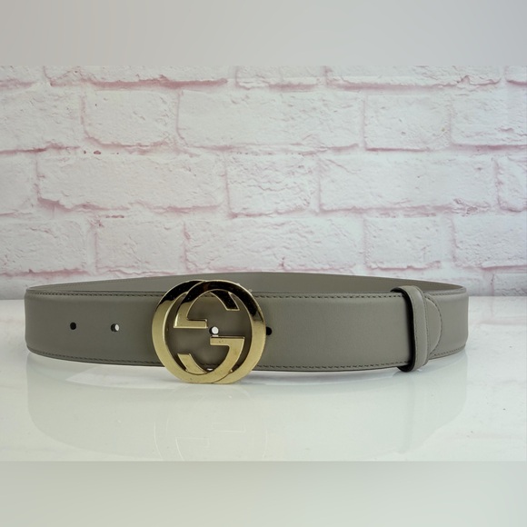 Authentic Gucci Gray Interlocking G Leather Belt Gold Buckle 546386 85/34 - Picture 2 of 8